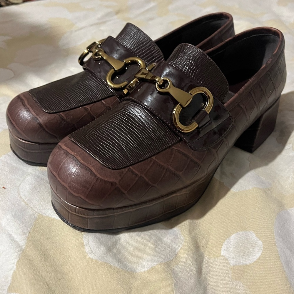 Jeffrey Campbell Student- Brown Croc Platform Block Heel Loafers